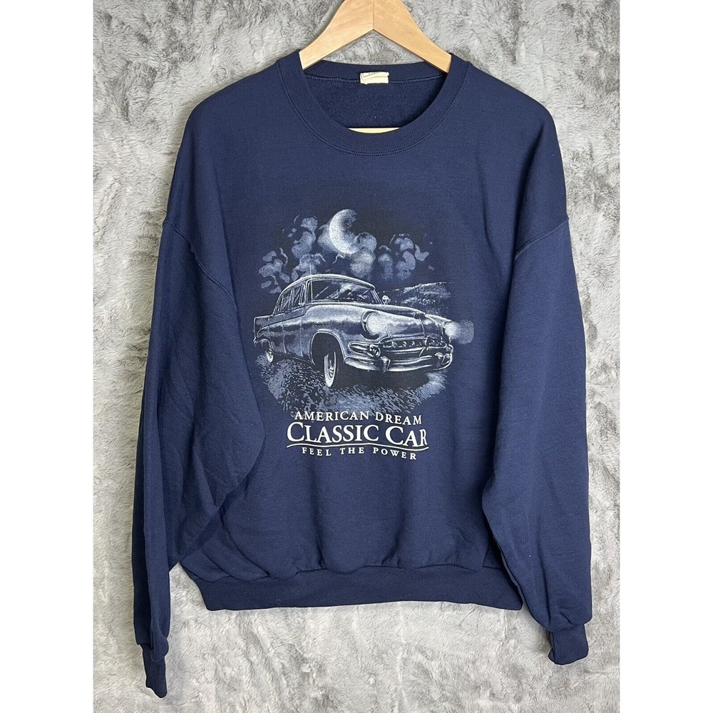 Vintage 90s American Dream Classic Car Graphic Crewneck Sweatshirt Navy XL